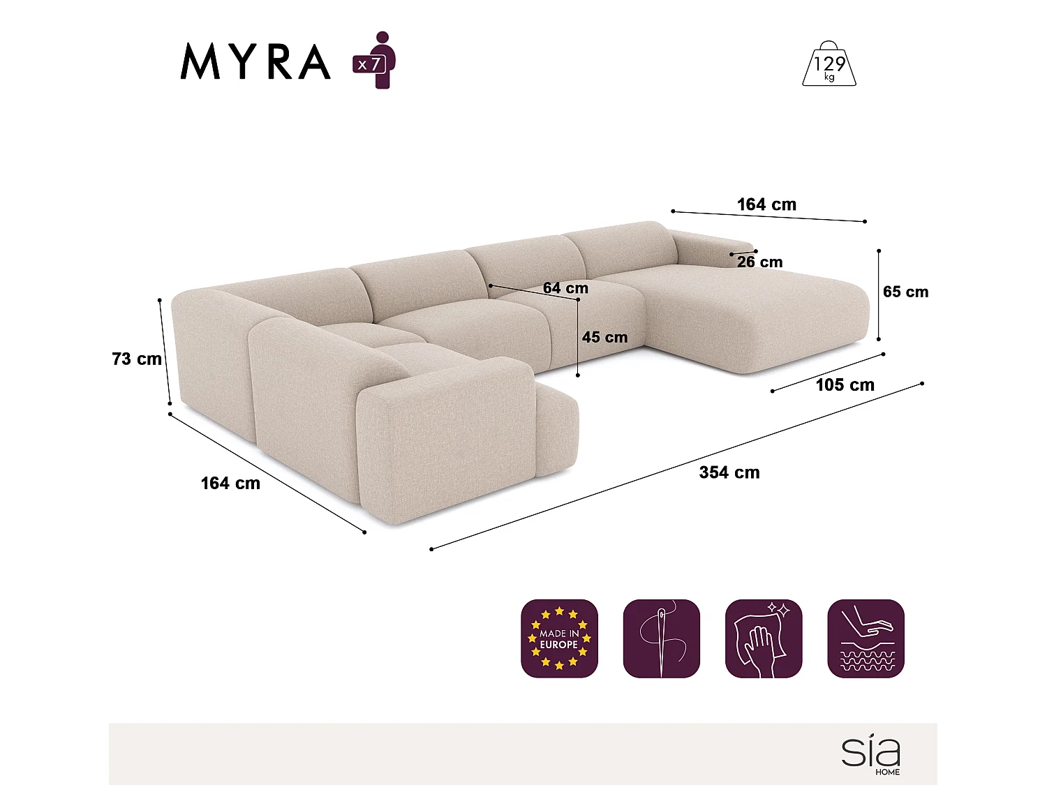 Canapé panoramique 7 places droit velours à motifs beige MYRA