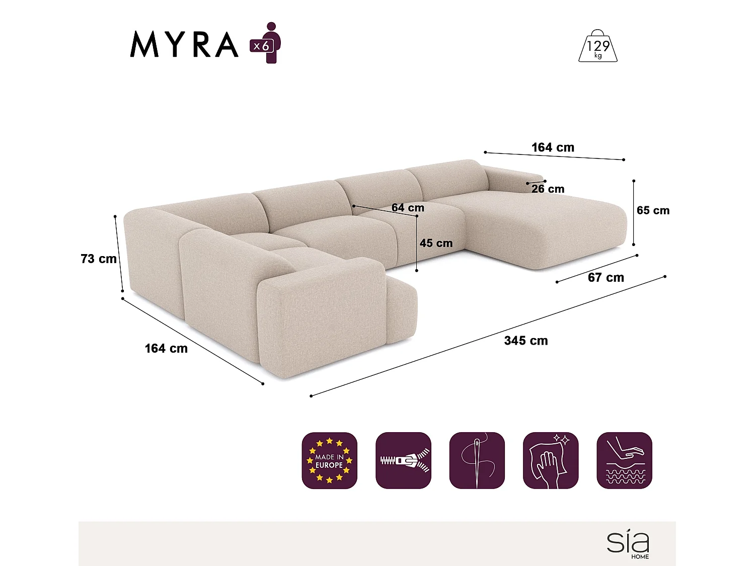 Canapé panoramique 7 places droit velours à motifs crème MYRA