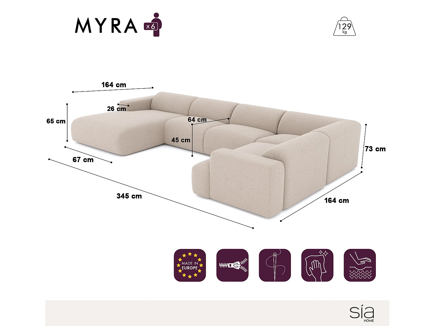 Canapé panoramique gauche 7 places MYRA en velours texturé anthracite foncé