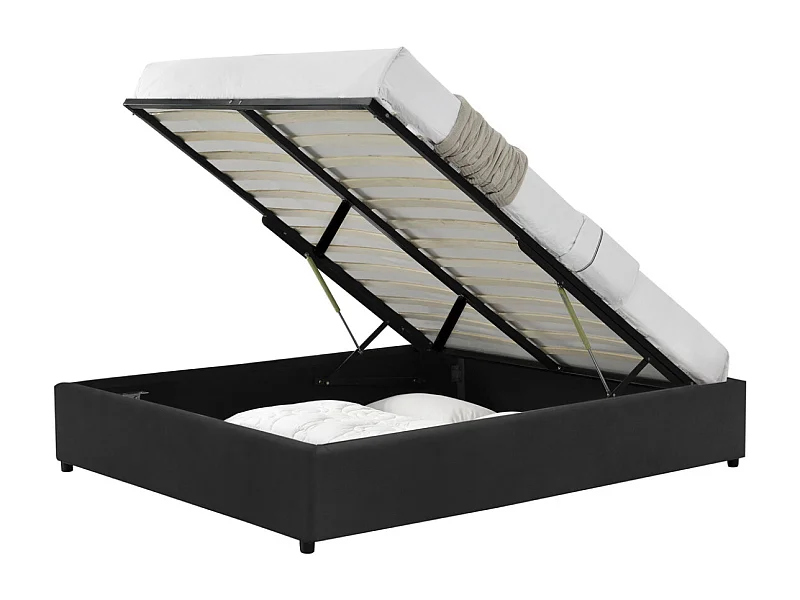 Lit Kennington - Structure de lit velours Noir avec coffre de rangement intégré -140x190 cm