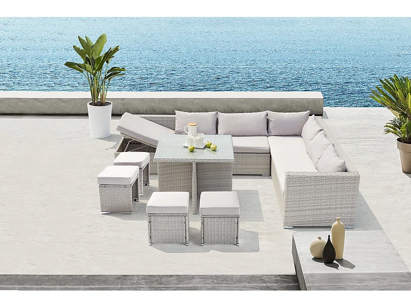 Salon de jardin encastrable 10 places en résine tressée gris SAMOA