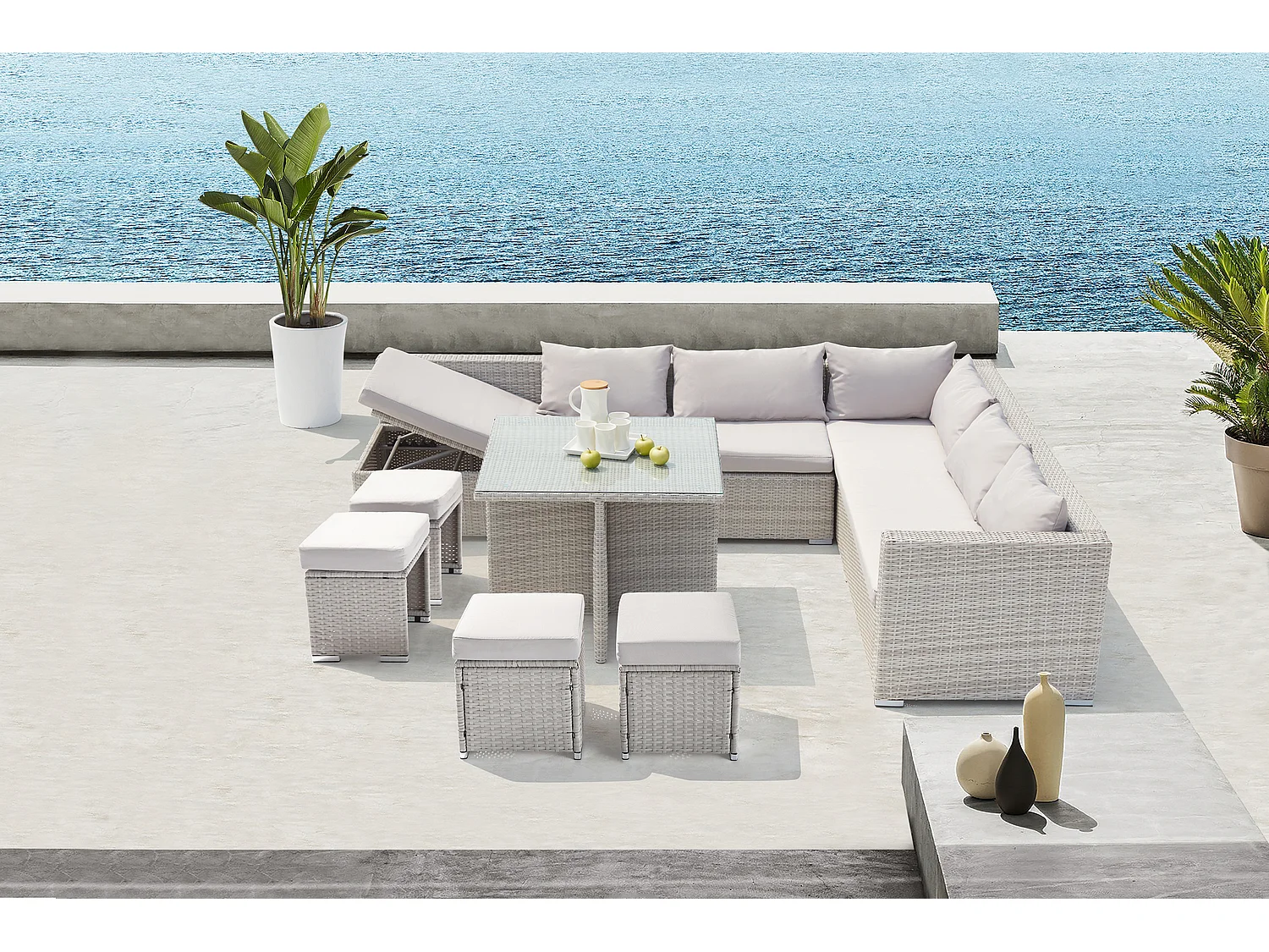 Conjunto de jardim em vime cinzento para 10 pessoas SAMOA