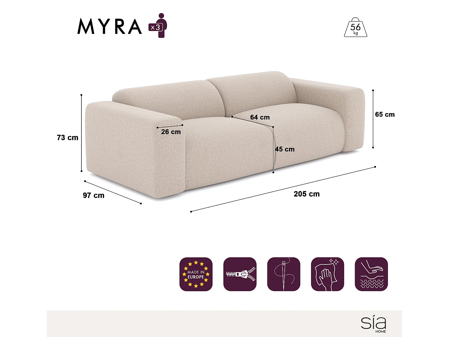 Canapé 3 places velours à motifs beige