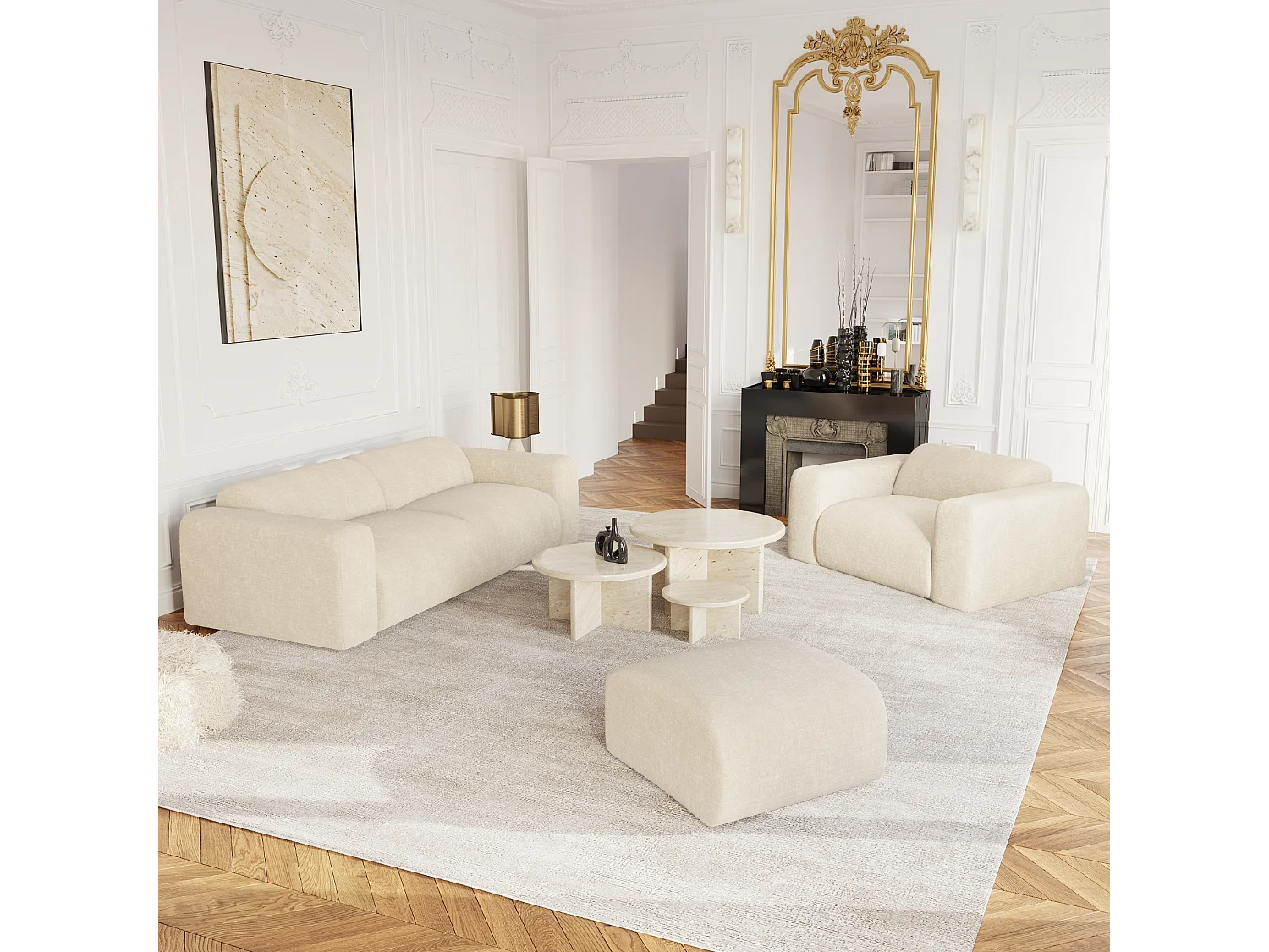 Canapé 3 places velours à motifs crème