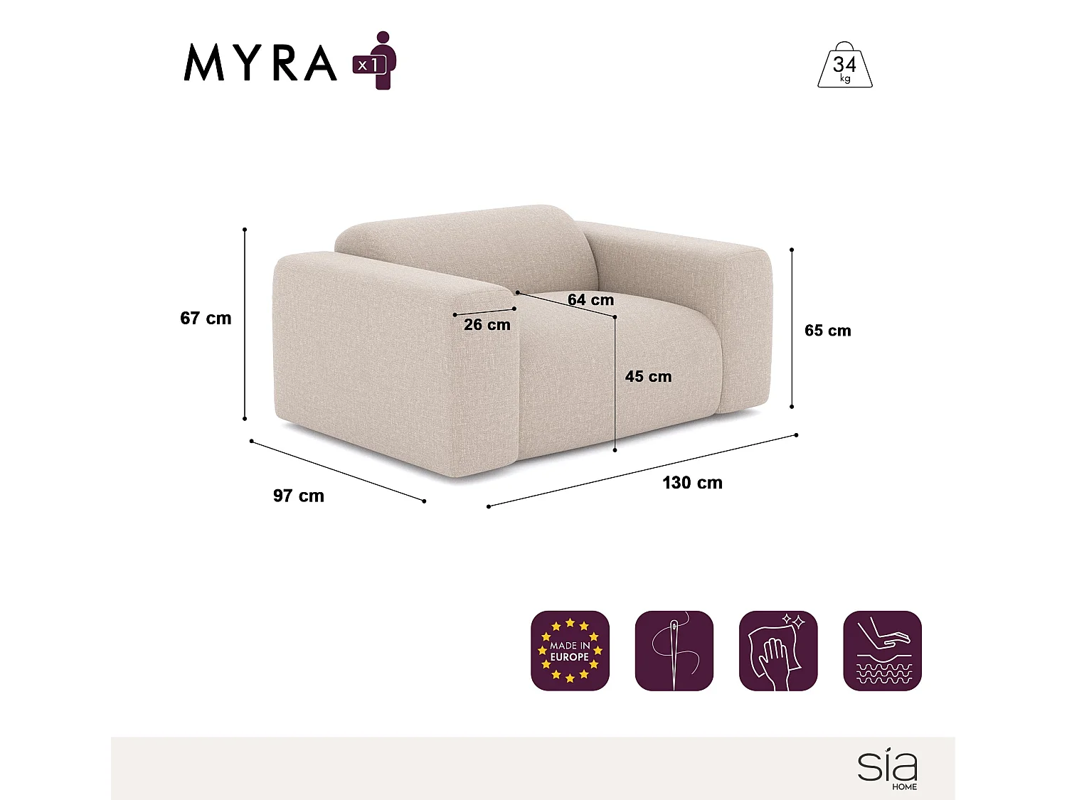 Fauteuil de salon velours à motifs crème MYRA