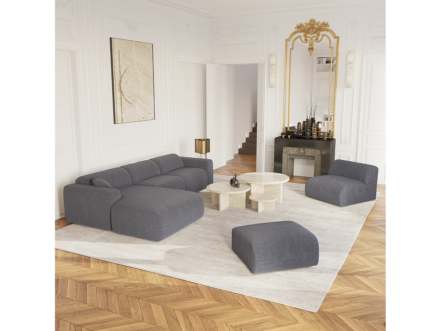 Fauteuil de salon sans accoudoirs velours à motifs gris MYRA