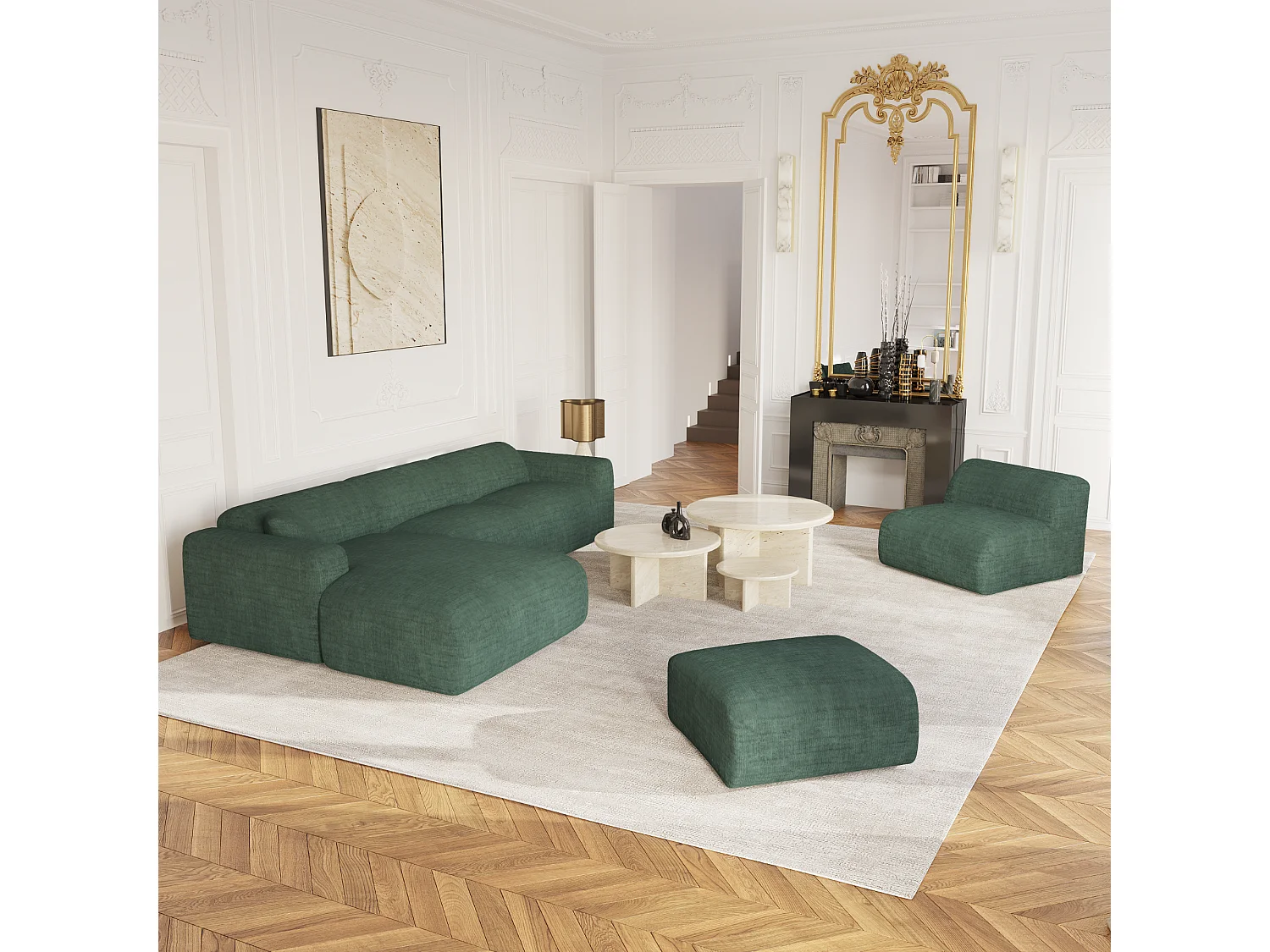 Fauteuil de salon sans accoudoirs velours à motifs vert émeraude MYRA