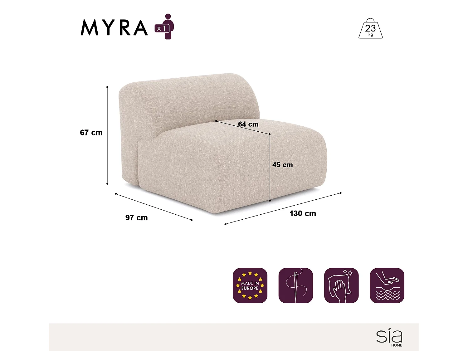 Fauteuil de salon sans accoudoirs velours à motifs crème MYRA