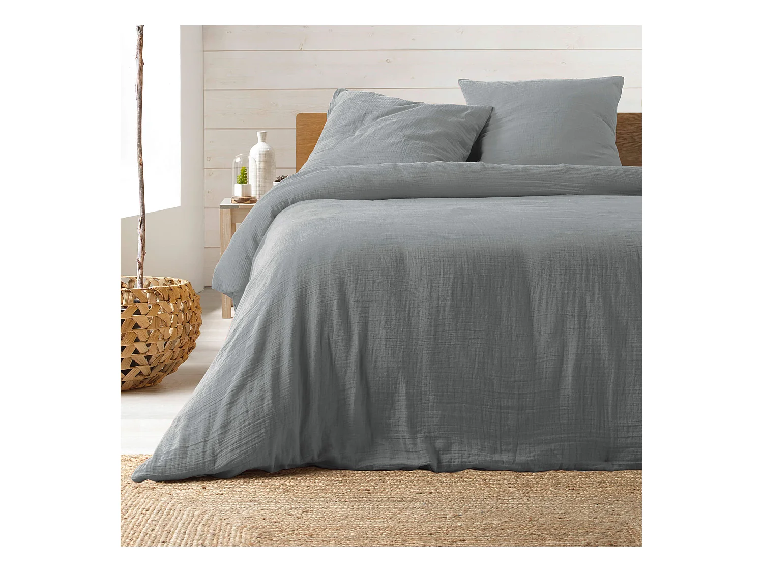 Parure Letto Matrimoniale in Doppia Gaze di Cotone Grigio Angelia 240x220cm