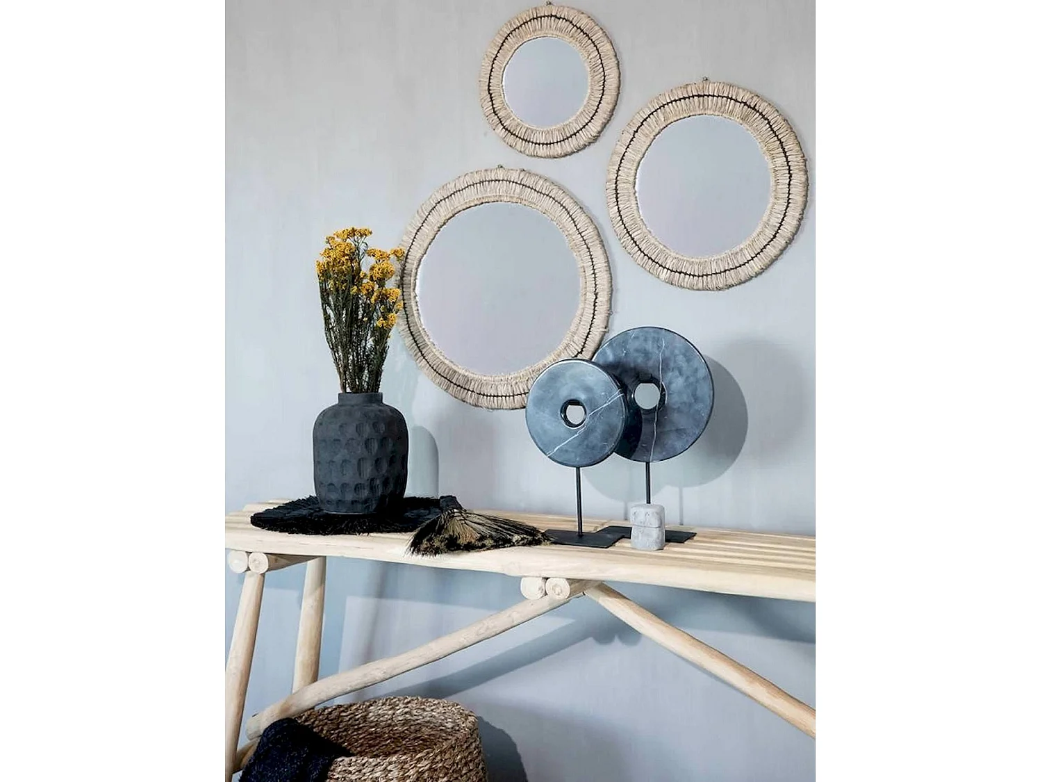 Miroir rond Gajih en raphia chic
