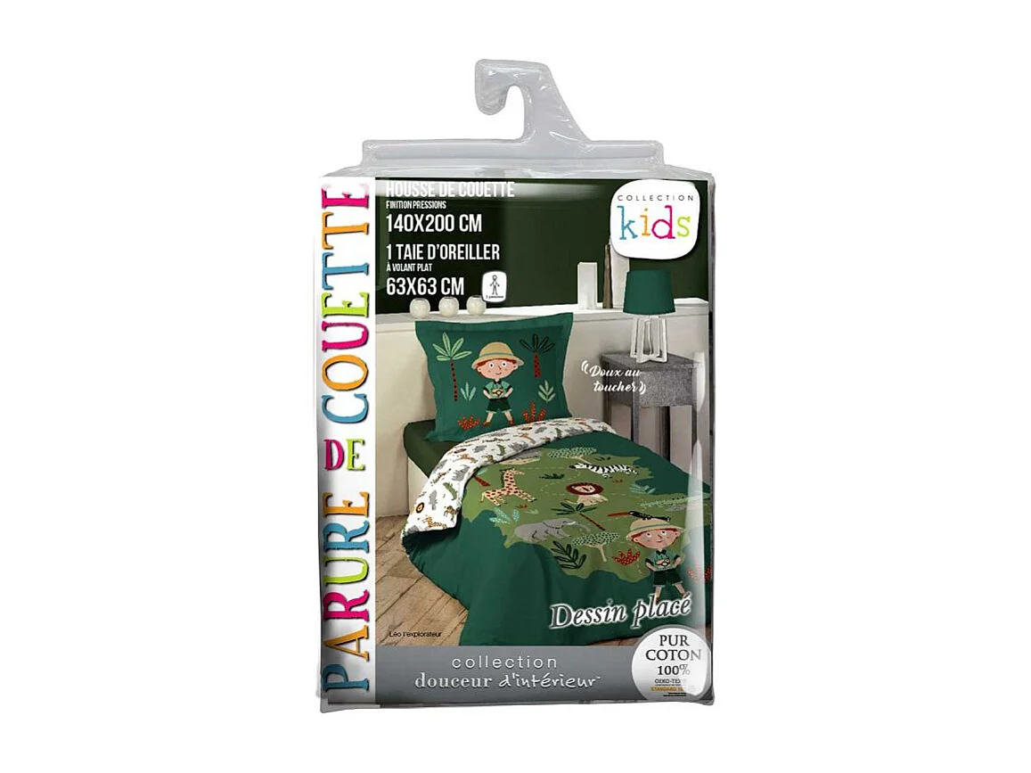 Parure de Lit 2 Pièces "Léo l'Explorateur" 140x200cm Vert
