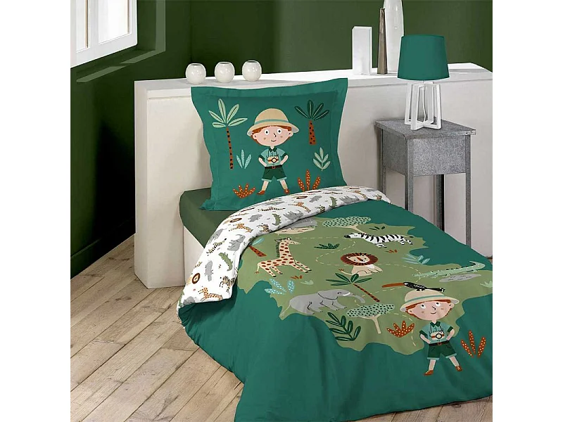 Parure de Lit 2 Pièces "Léo l'Explorateur" 140x200cm Vert