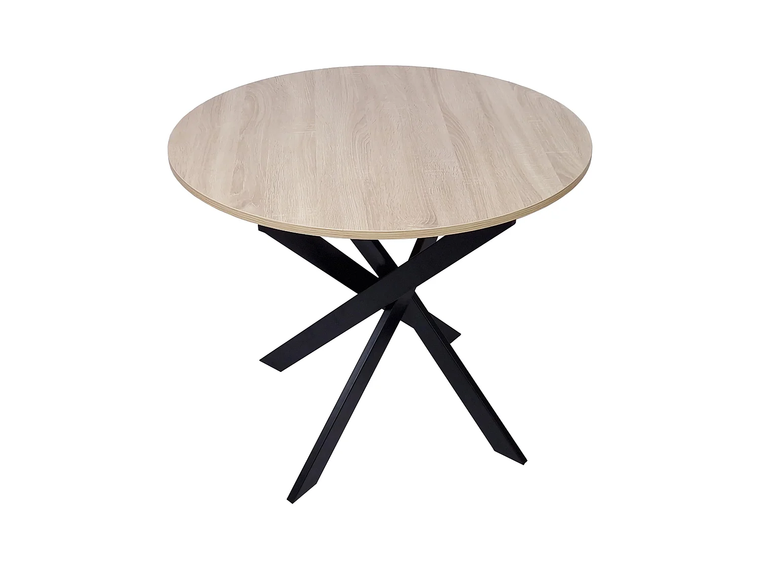 Table à manger ronde fixe ZEN, 90x90x77cm, Capacité jusqu'à 4 personnes, Couleur chêne, Pieds métalliques couleur noir laqué mat