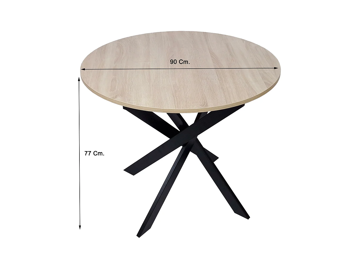 Tavolo da pranzo fisso rotondo ZEN, 90x90x77cm, Capacità per 4 persone, Colore rovere, Gambe in metallo laccato nero opaco