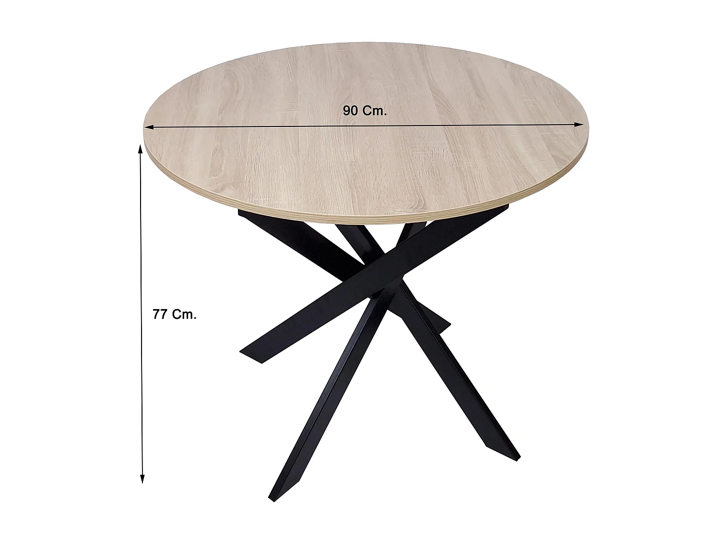 Tavolo da pranzo fisso rotondo ZEN, 90x90x77cm, Capacità per 4 persone, Colore rovere, Gambe in metallo laccato nero opaco