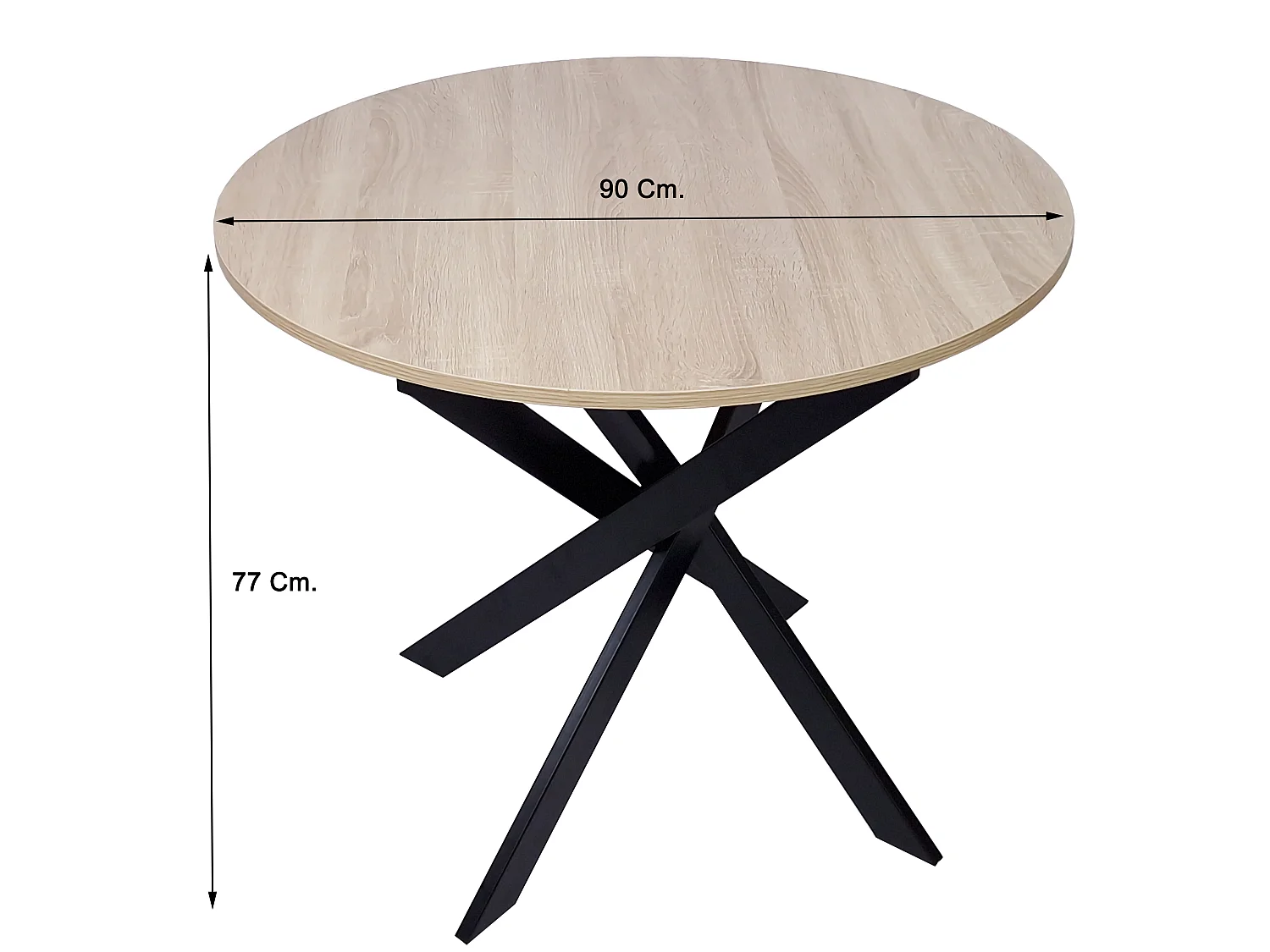 Mesa de jantar fixa redonda ZEN, 90x90x77cm, Capacidade para 4 pessoas, Cor carvalho, Pés metálicos em preto lacado mate