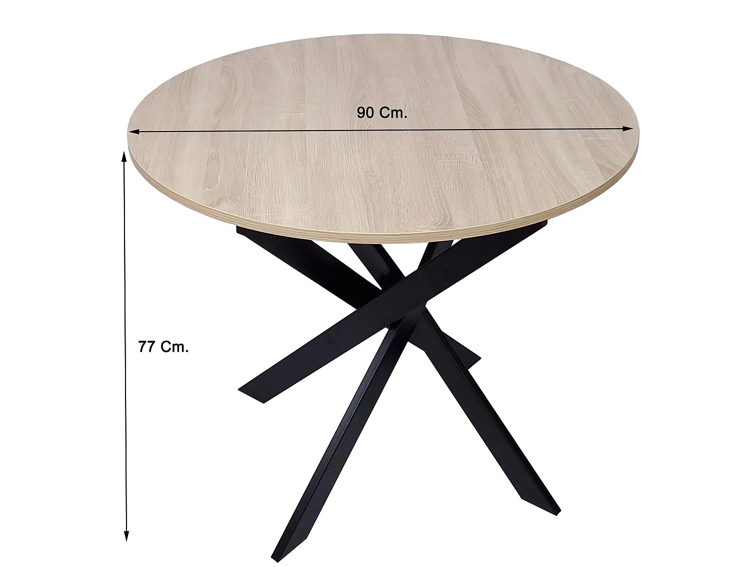 Mesa de jantar fixa redonda ZEN, 90x90x77cm, Capacidade para 4 pessoas, Cor carvalho, Pés metálicos em preto lacado mate