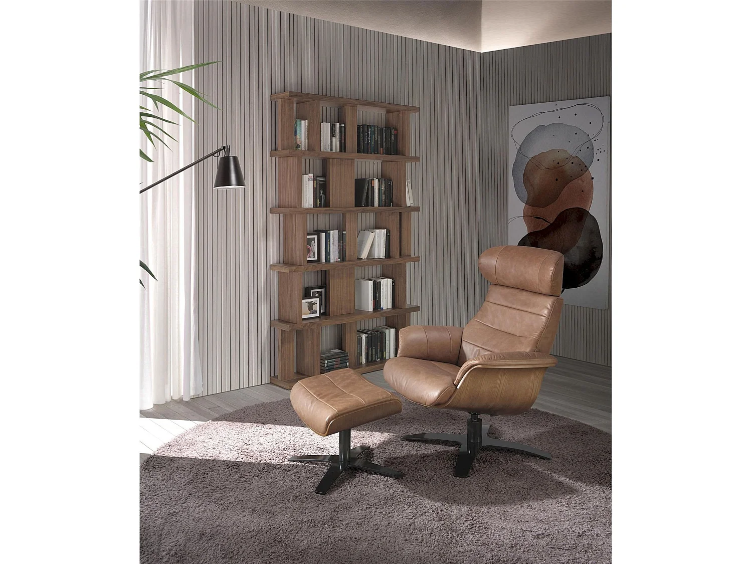 Fauteuil relax pivotant cuir vachette piètement acier massif poli