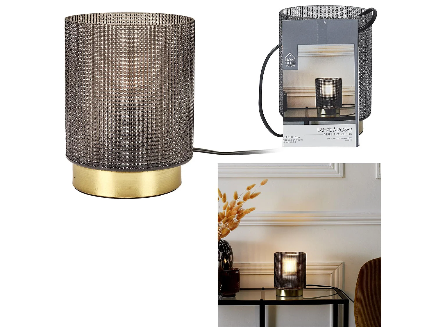 Lampe A Poser Verre Embosse Noir Noir