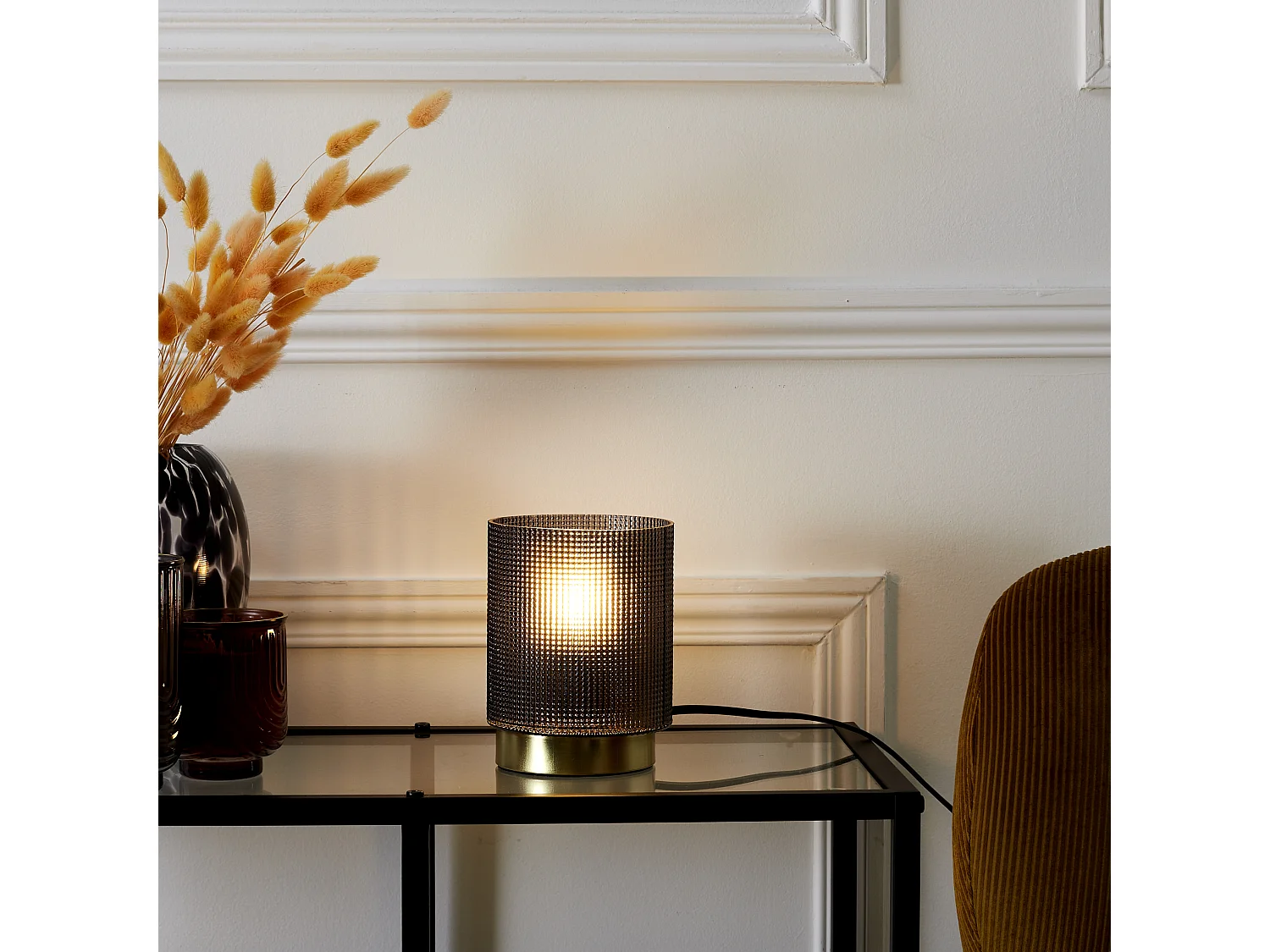 Lampe A Poser Verre Embosse Noir Noir