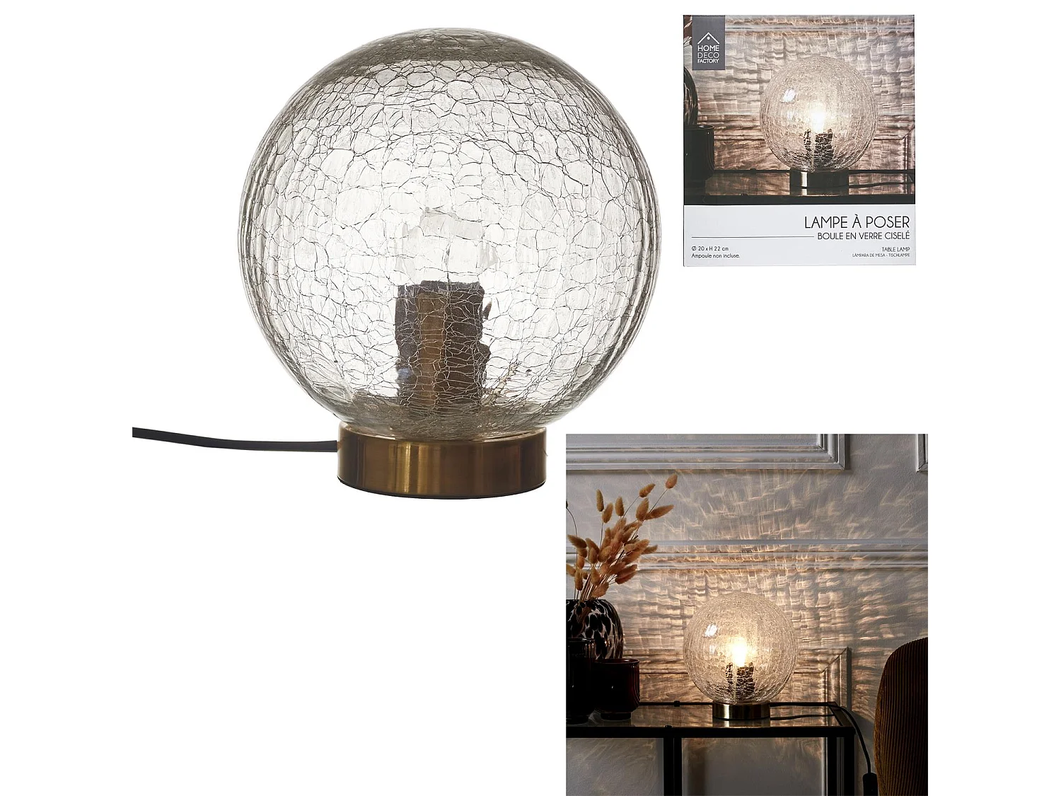 Lampe A Poser Boule En Verre Cisele Or, Transparent