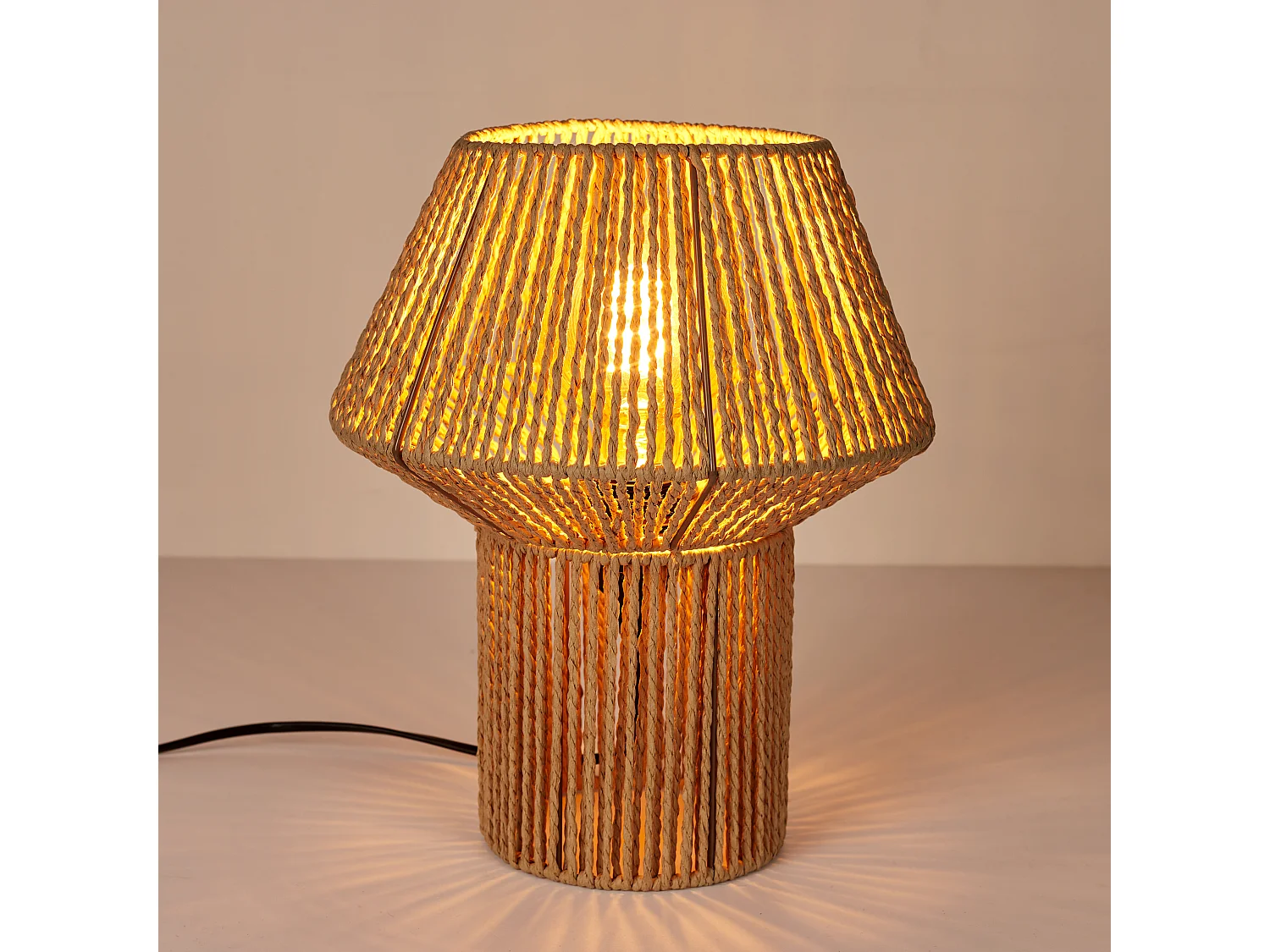 Lampe A Poser Abat Jour Effet Corde Tressee Beige, Marron