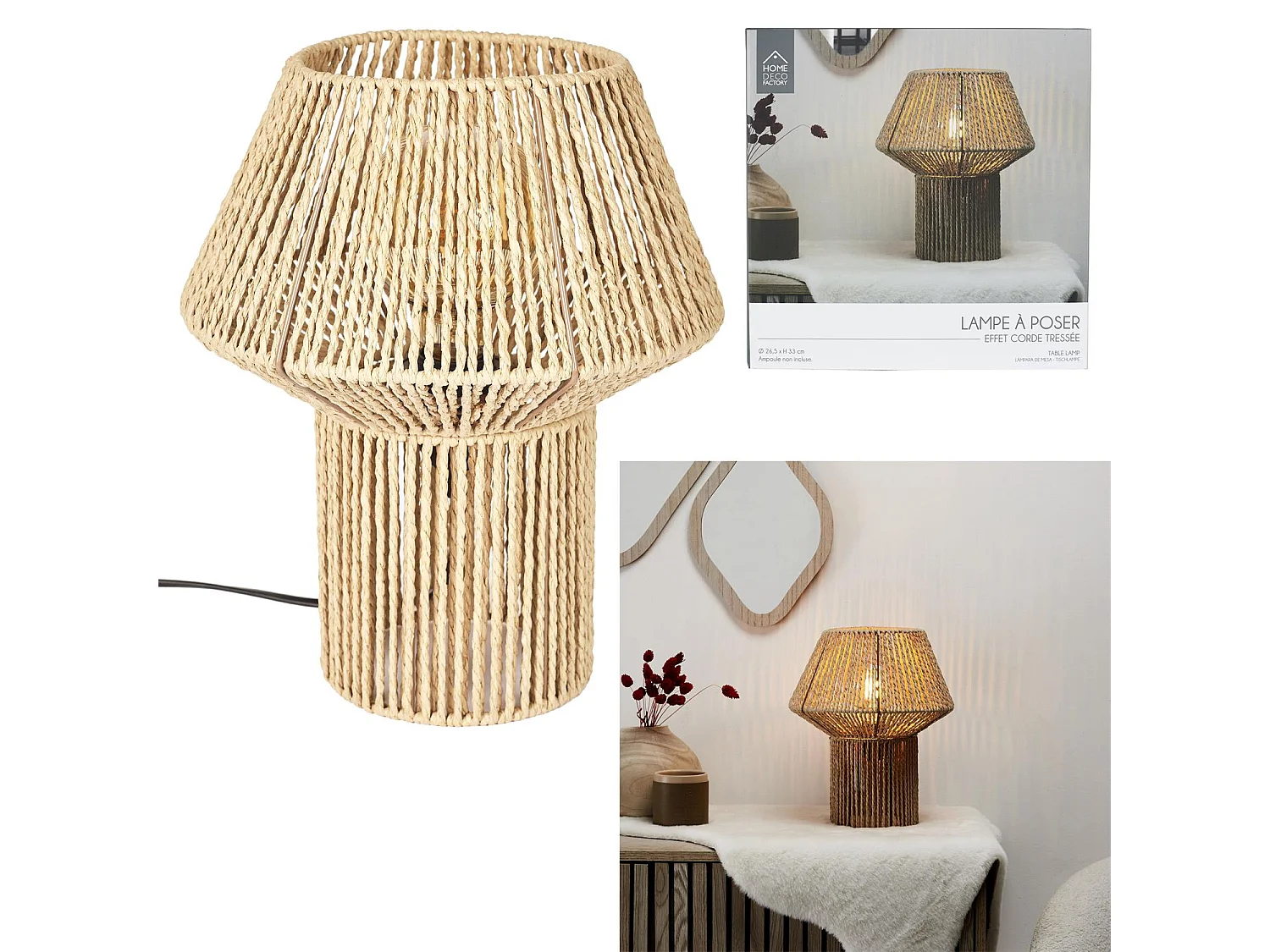 Lampe A Poser Abat Jour Effet Corde Tressee Beige, Marron