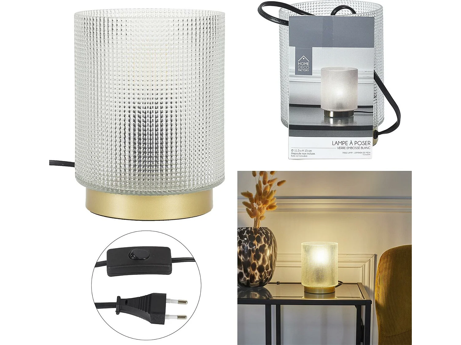 Lampe A Poser Verre Embosse Blanc Blanc