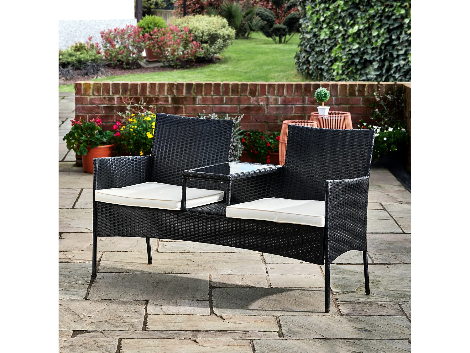 Teamson Home Tuinbank - Tuinmeubelen - 2-in-1 Tafel en Stoel - Rotan - Zwart