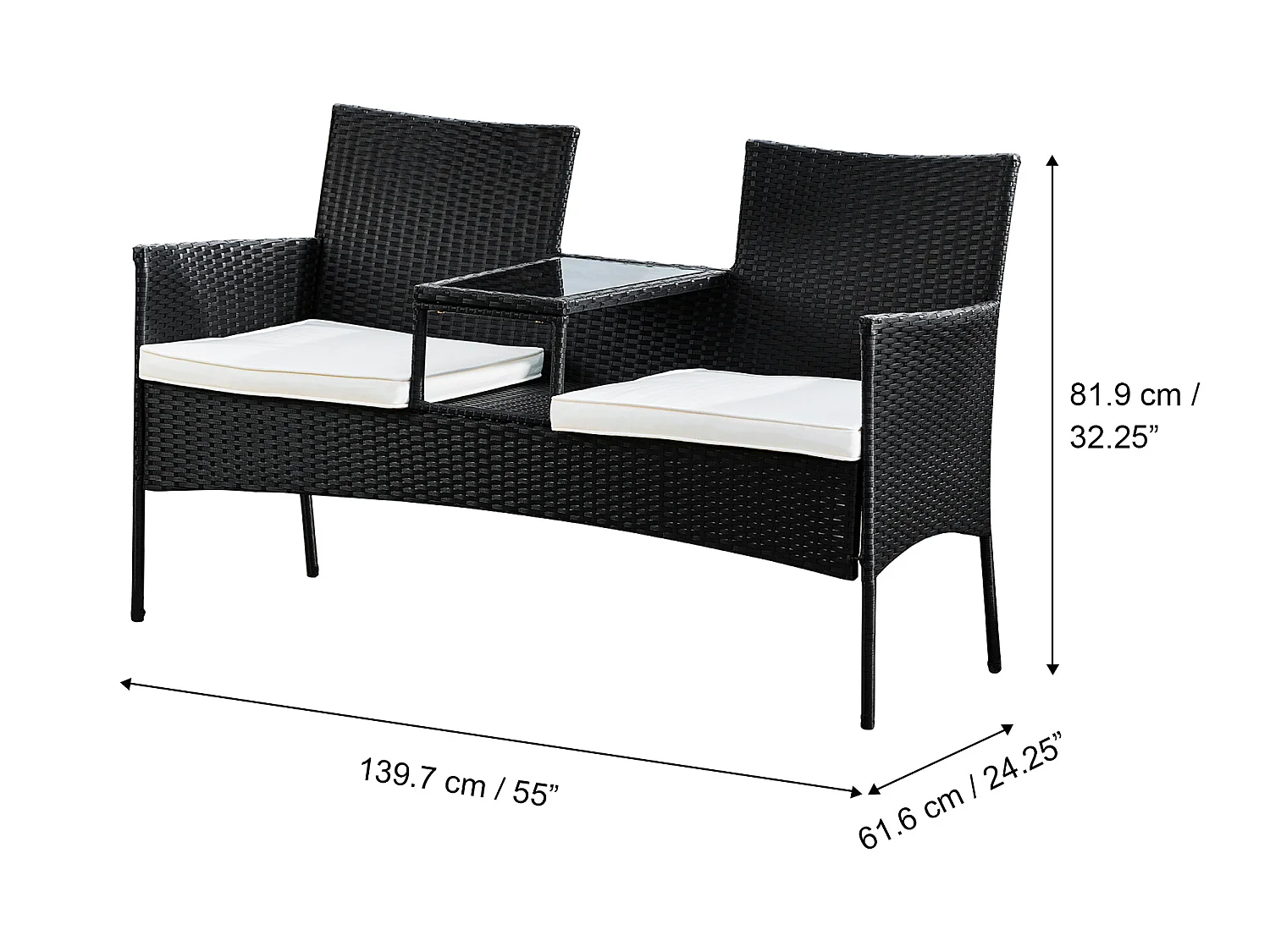 Teamson Home Tuinbank - Tuinmeubelen - 2-in-1 Tafel en Stoel - Rotan - Zwart