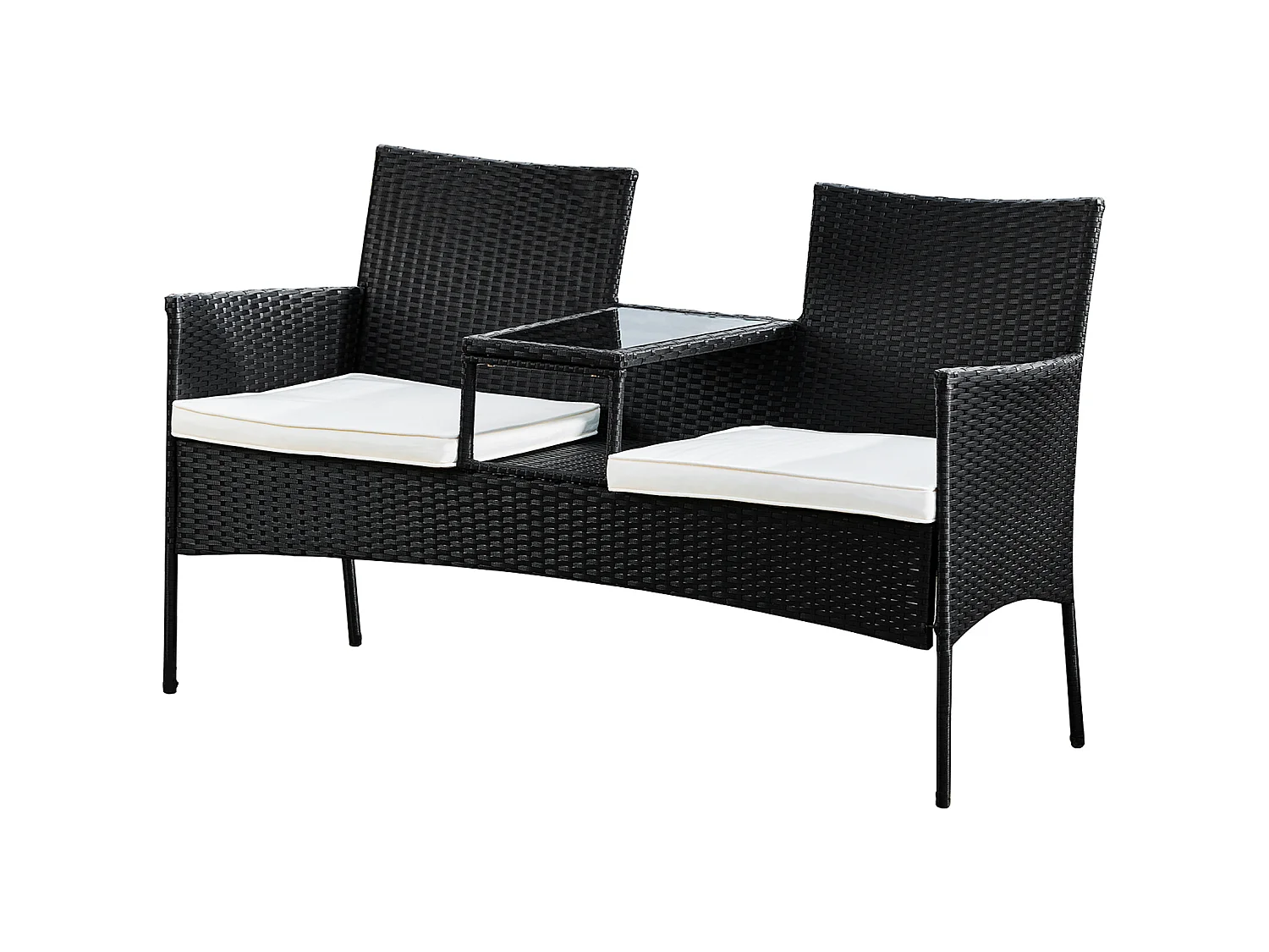 Banquette de jardin canapé, avec table en verre + coussins amovibles noir