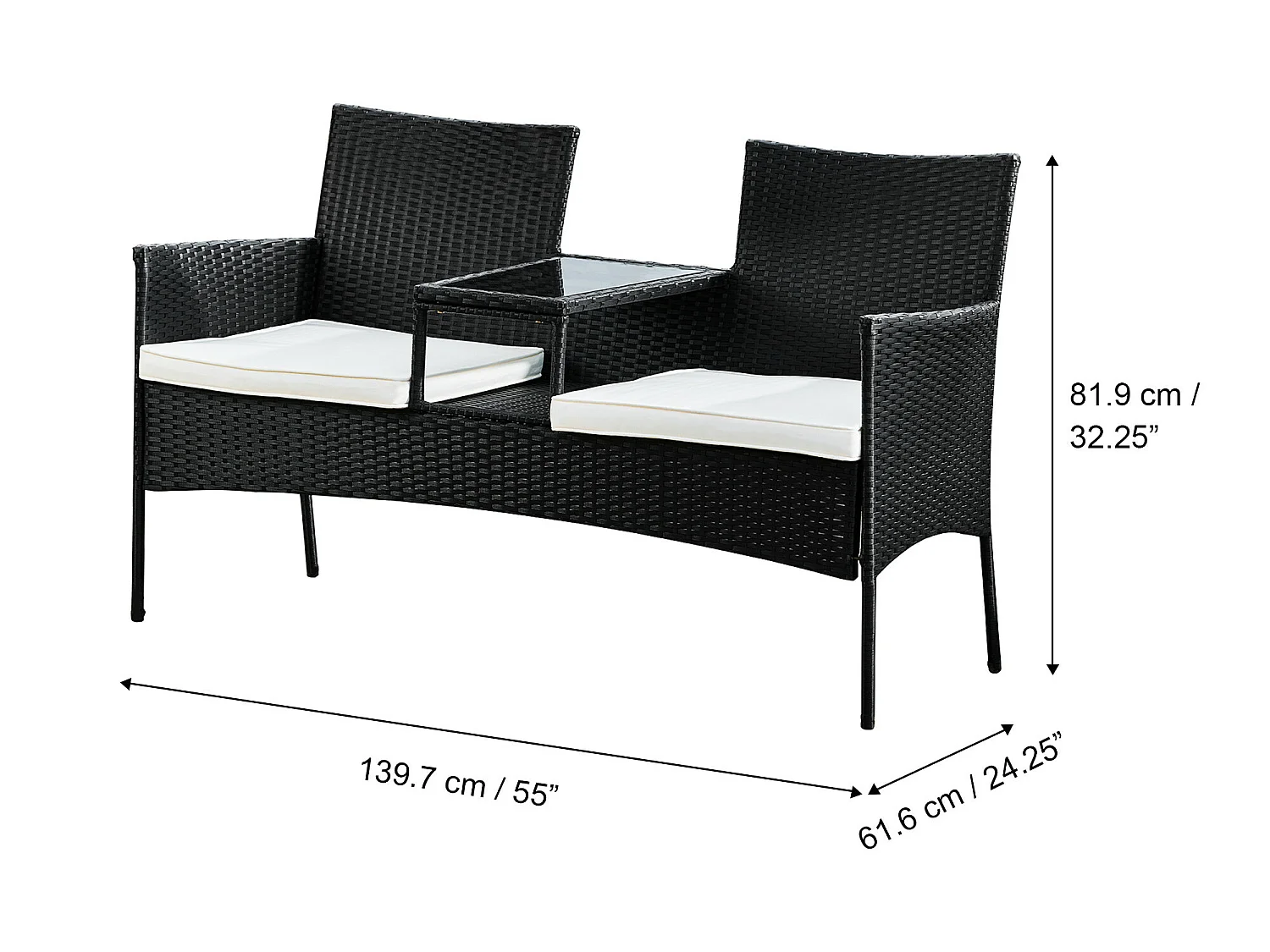 Banquette de jardin canapé, avec table en verre + coussins amovibles noir