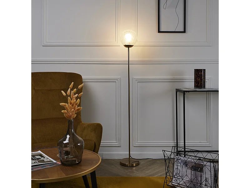 Lampadaire Retro Verre Ciselé Blanc, Or