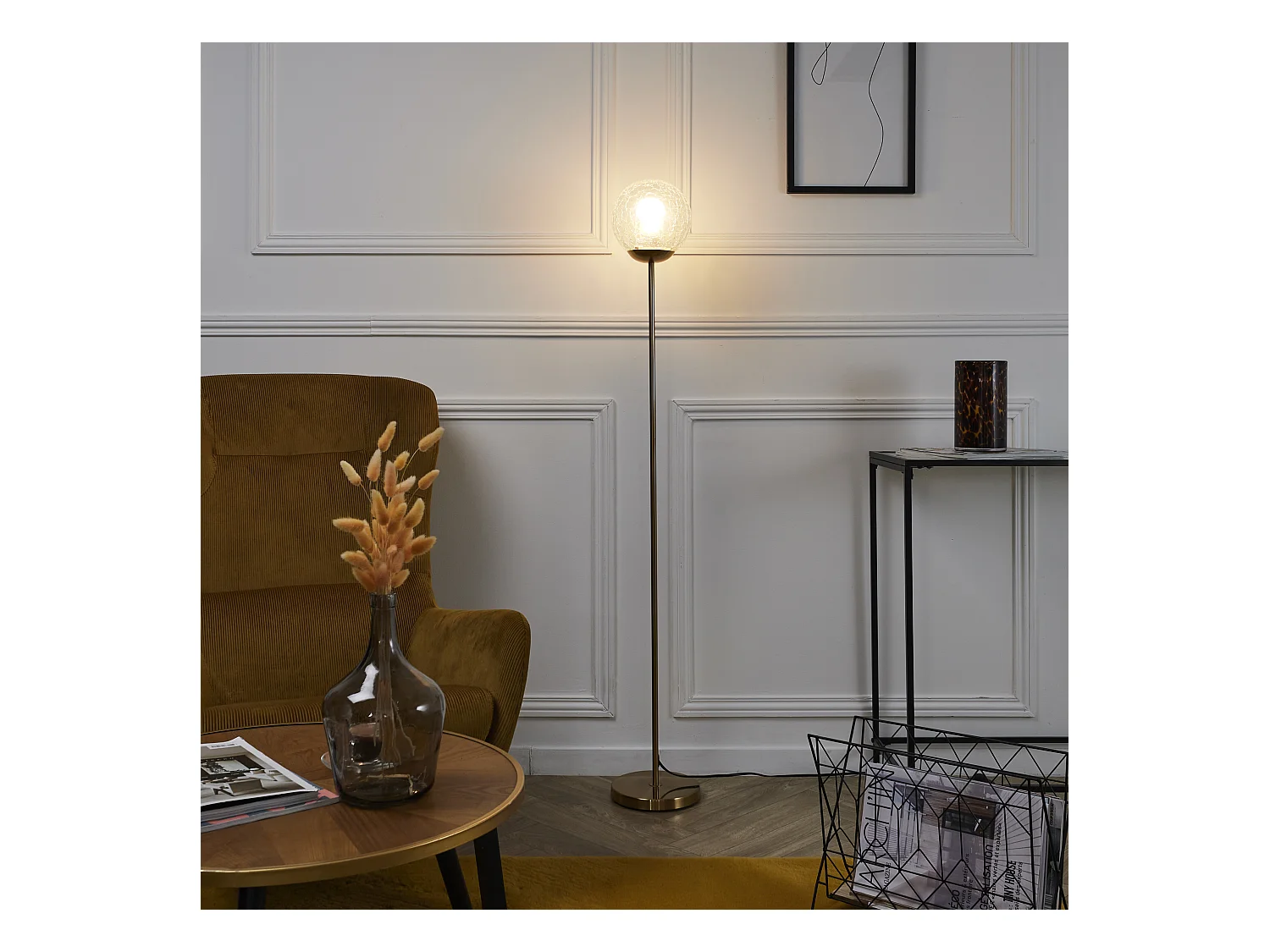 Lampadaire Retro Verre Ciselé Blanc, Or
