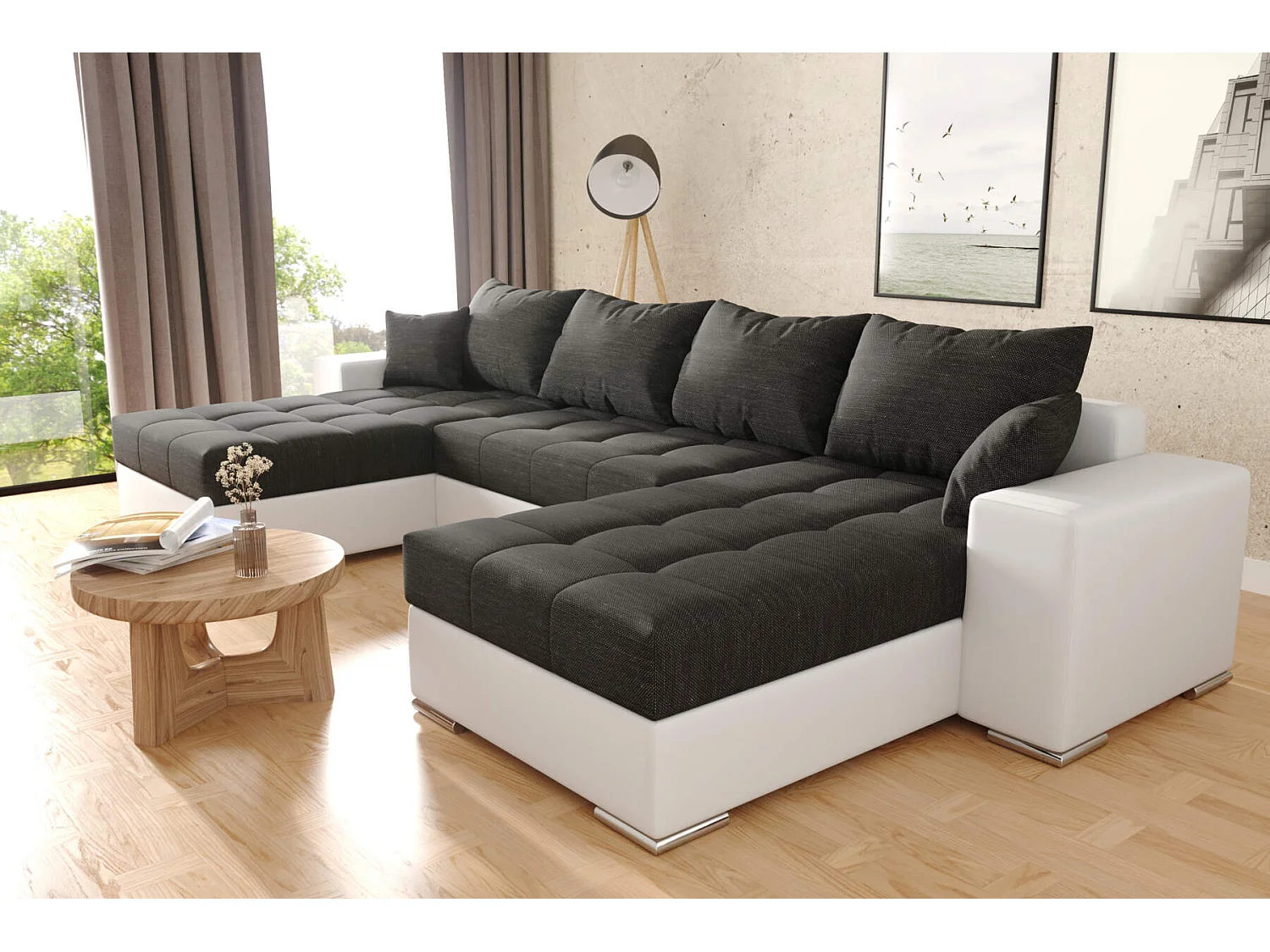 Canapé d'angle en U Josua avec couchage et rangements noir et blanc