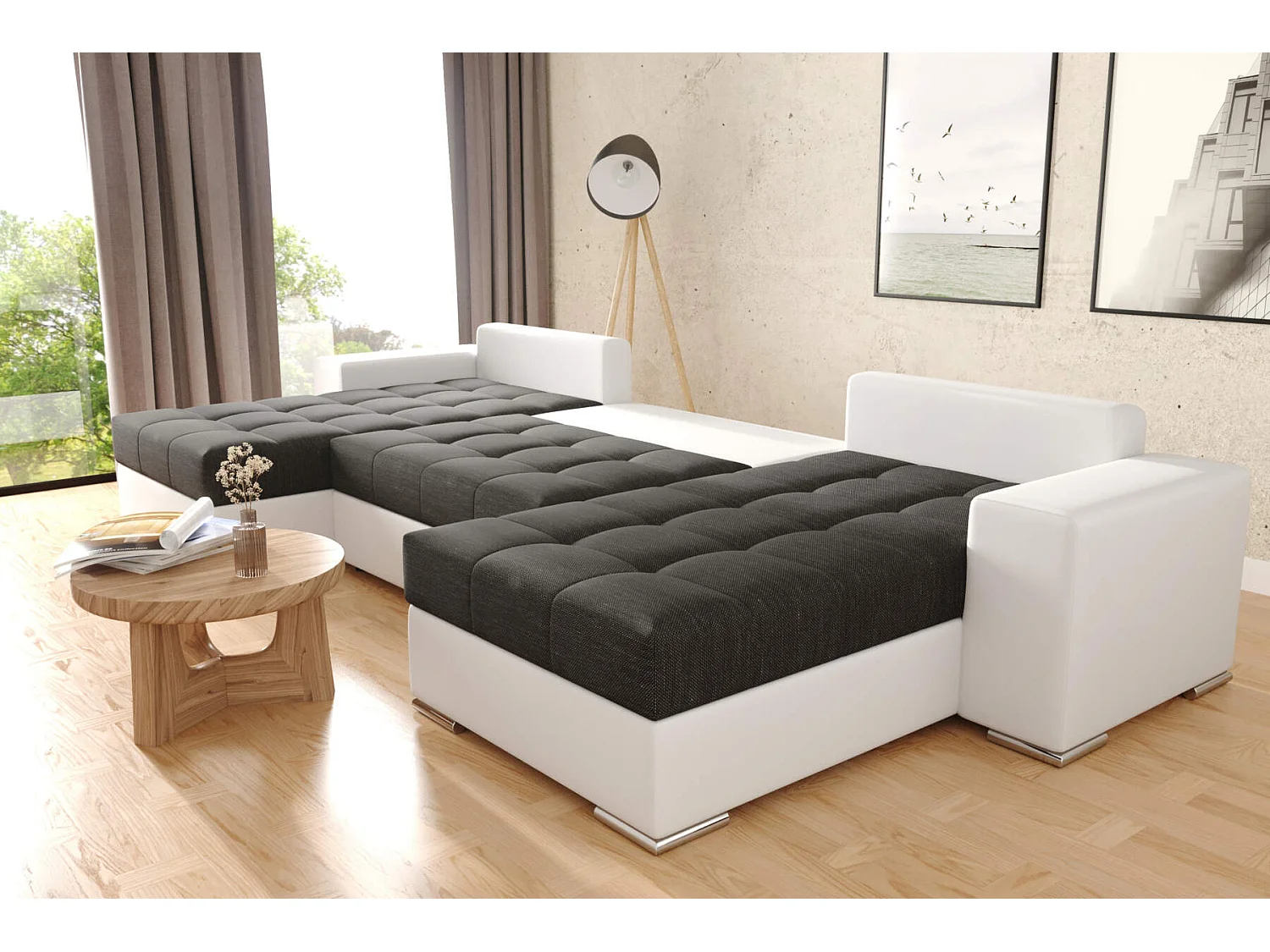 Canapé d'angle en U Josua avec couchage et rangements noir et blanc