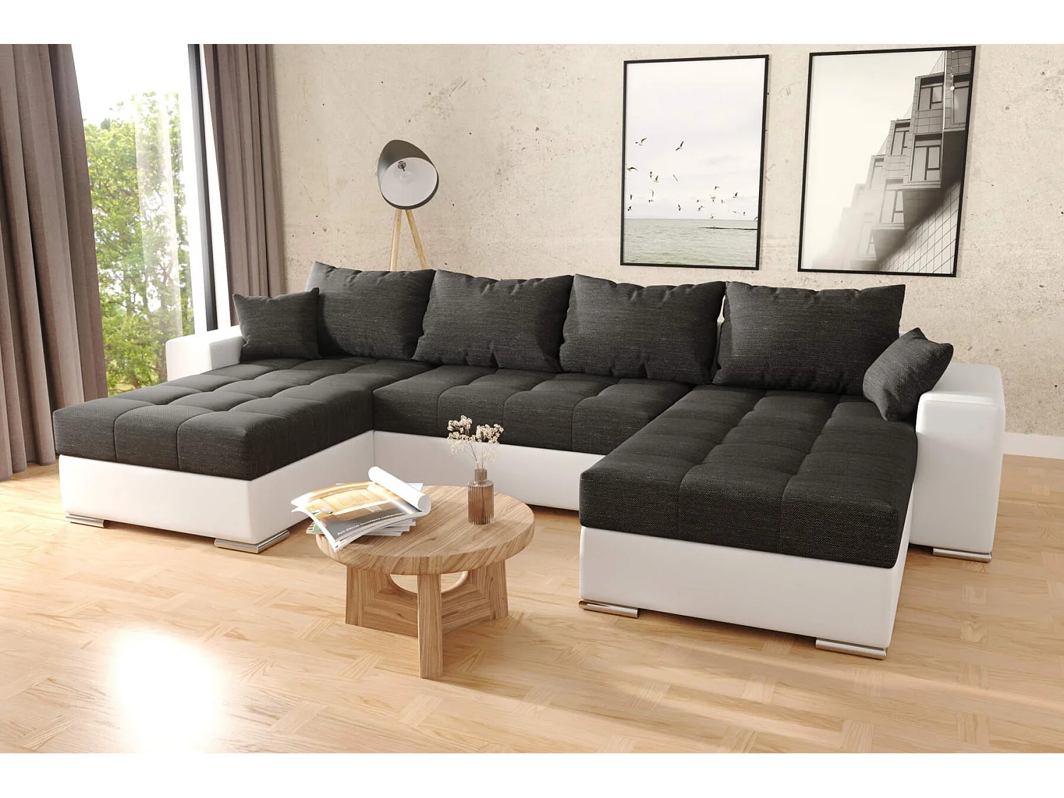 Canapé d'angle en U Josua avec couchage et rangements noir et blanc