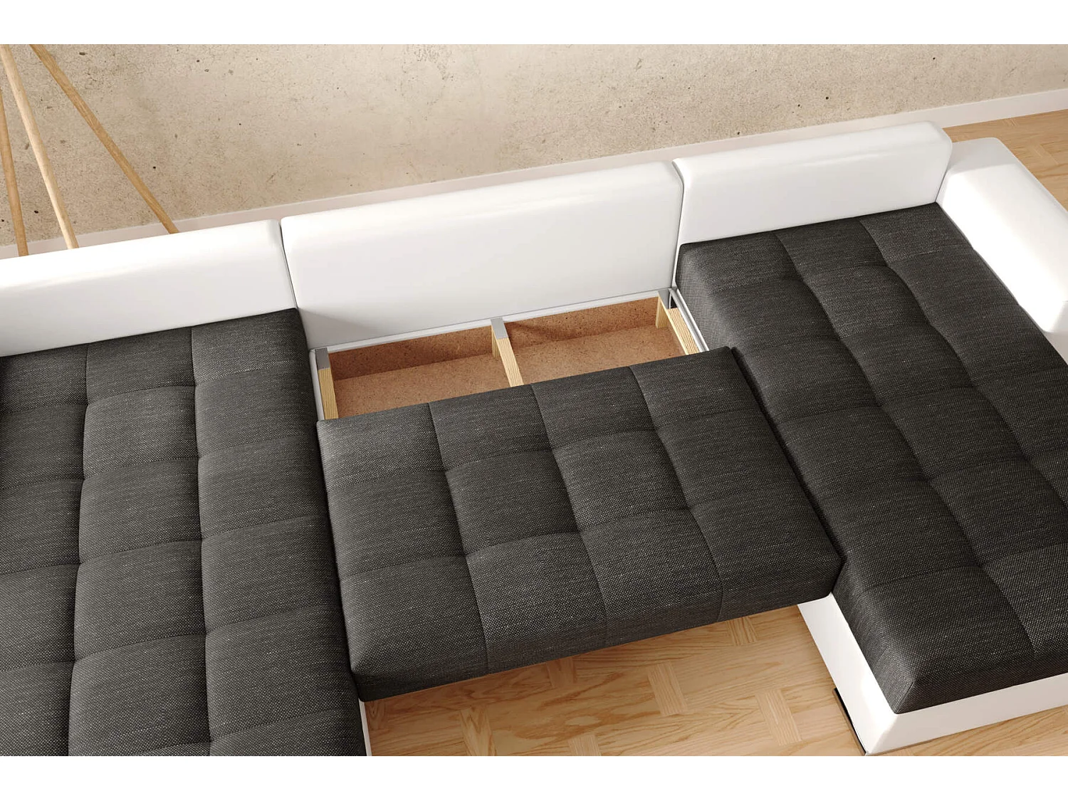 Canapé d'angle en U Josua avec couchage et rangements noir et blanc