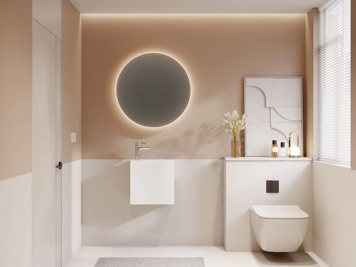 Håndvask i hvidt solid surface, vægmonteret med niche - Armatur til venstre - 40 cm - PUMORI