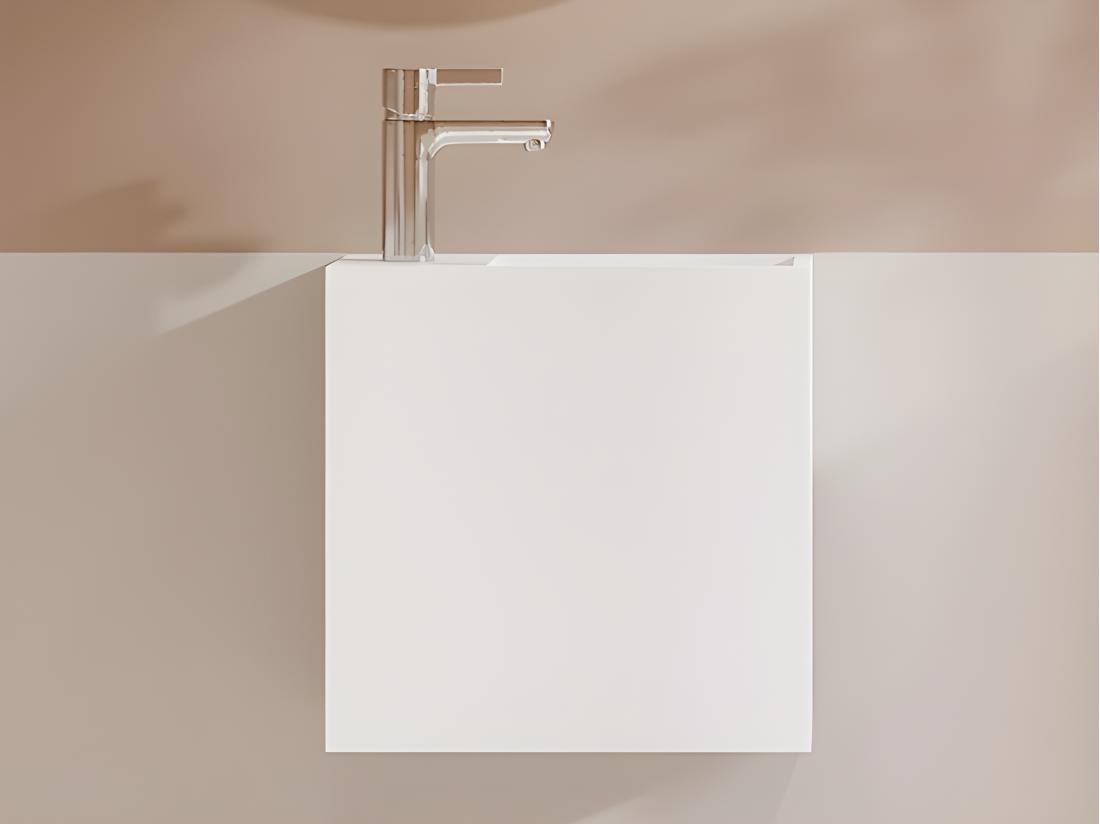 vente unique Lave main suspendu blanc en solid surface avec niche - Robinetterie à gauche - 40 cm - PUMORI