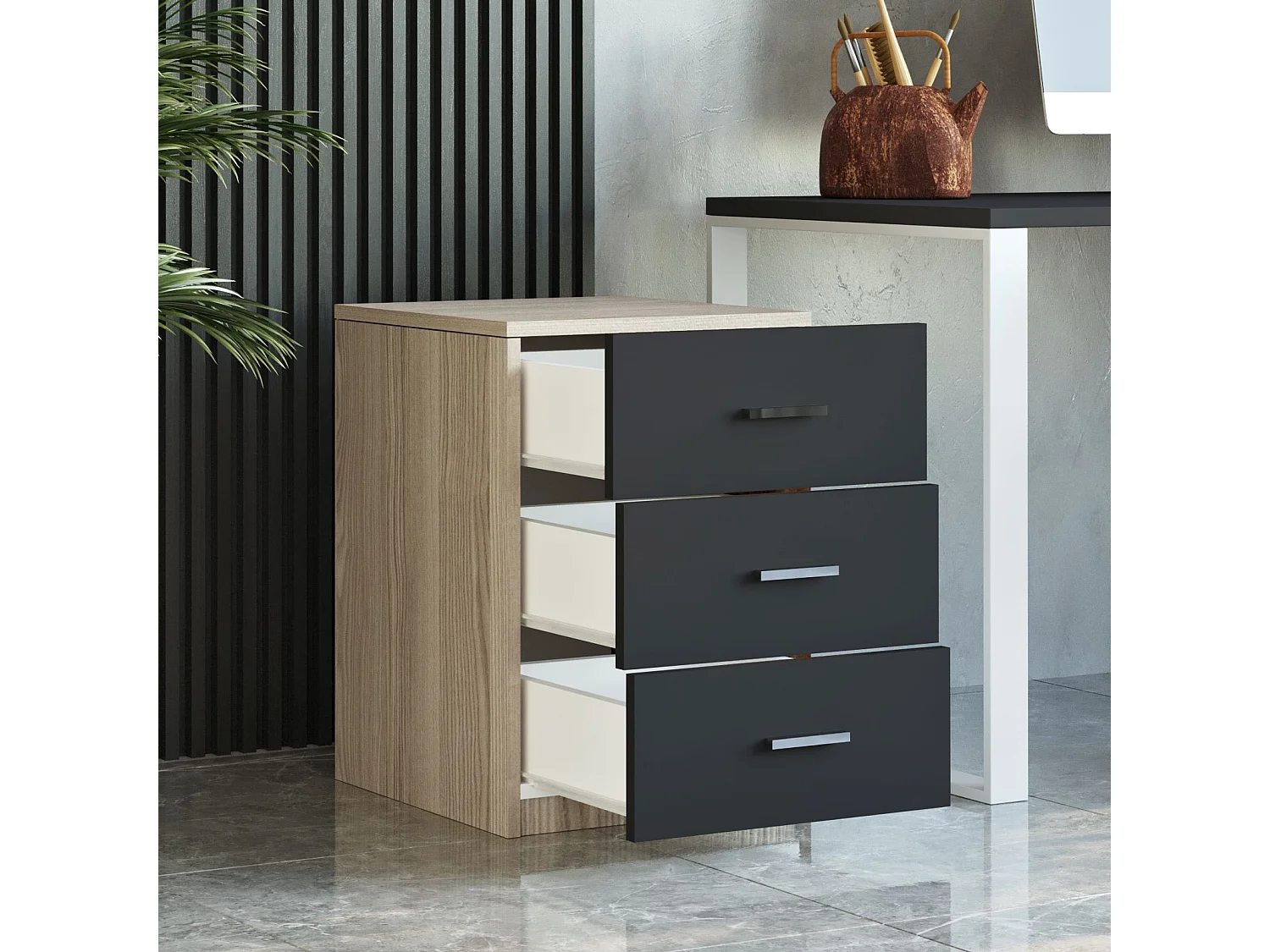 Cômoda de escritório 3 gavetas - Venprodin 45 cm-carvalho-preto