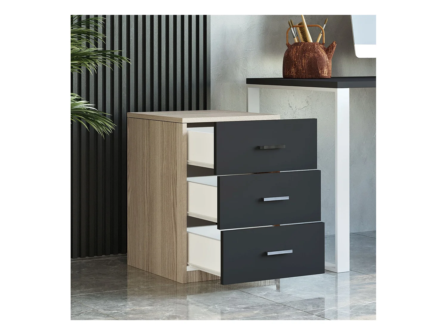 Cômoda de escritório 3 gavetas - Venprodin 45 cm-carvalho-preto