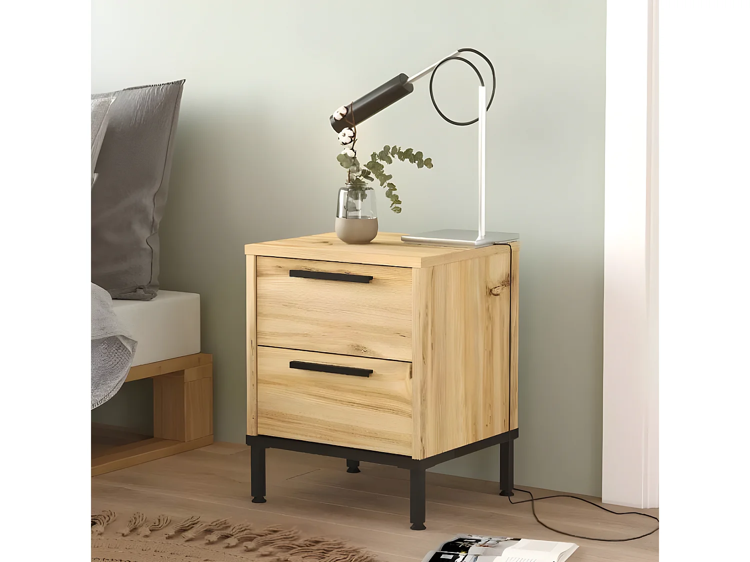 Mesa de cabeceira com 2 gavetas e pés de metal - Venprodin - feltro 35 cm - preto