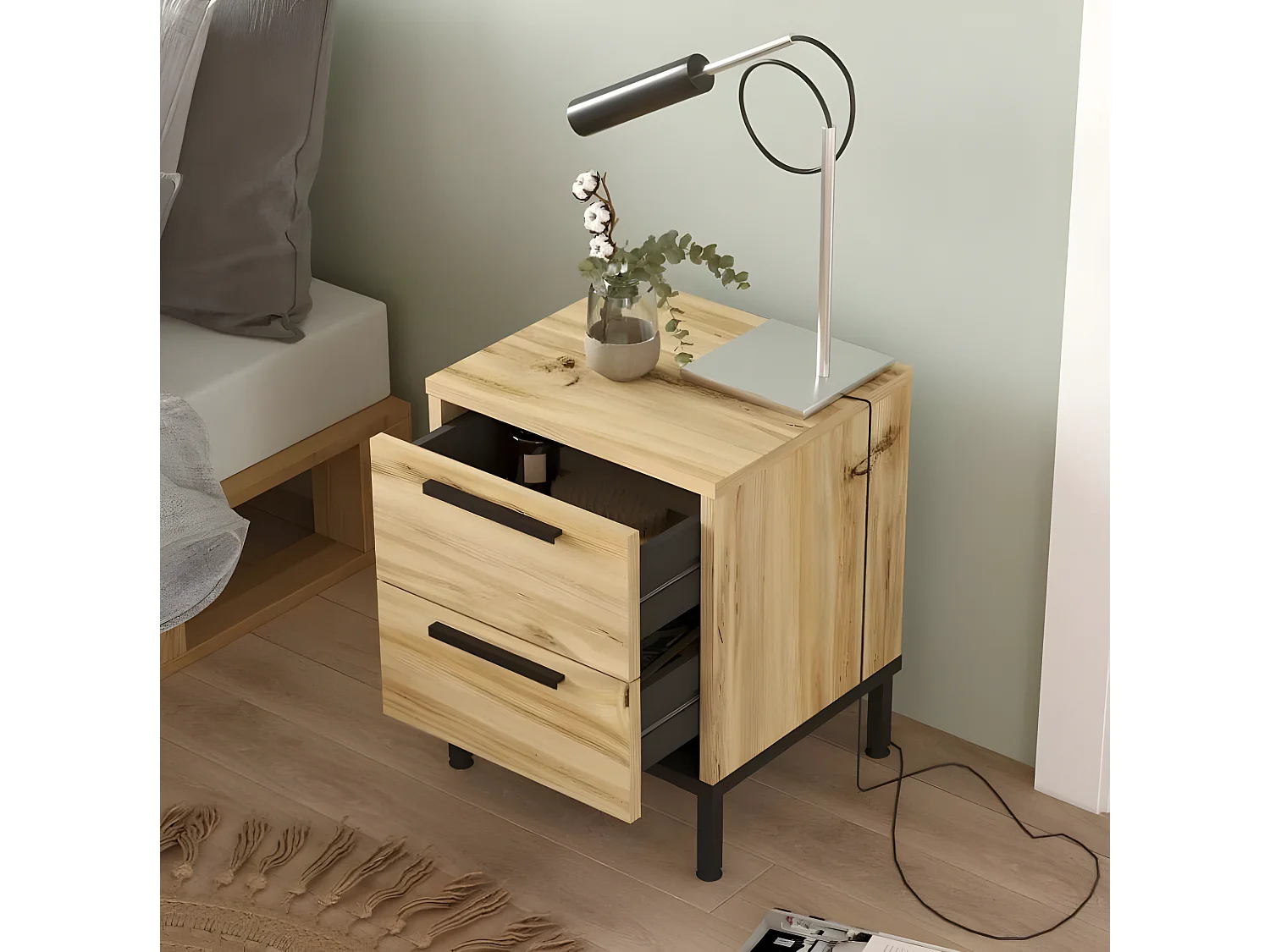 Mesa de cabeceira com 2 gavetas e pés de metal - Venprodin - feltro 35 cm - preto