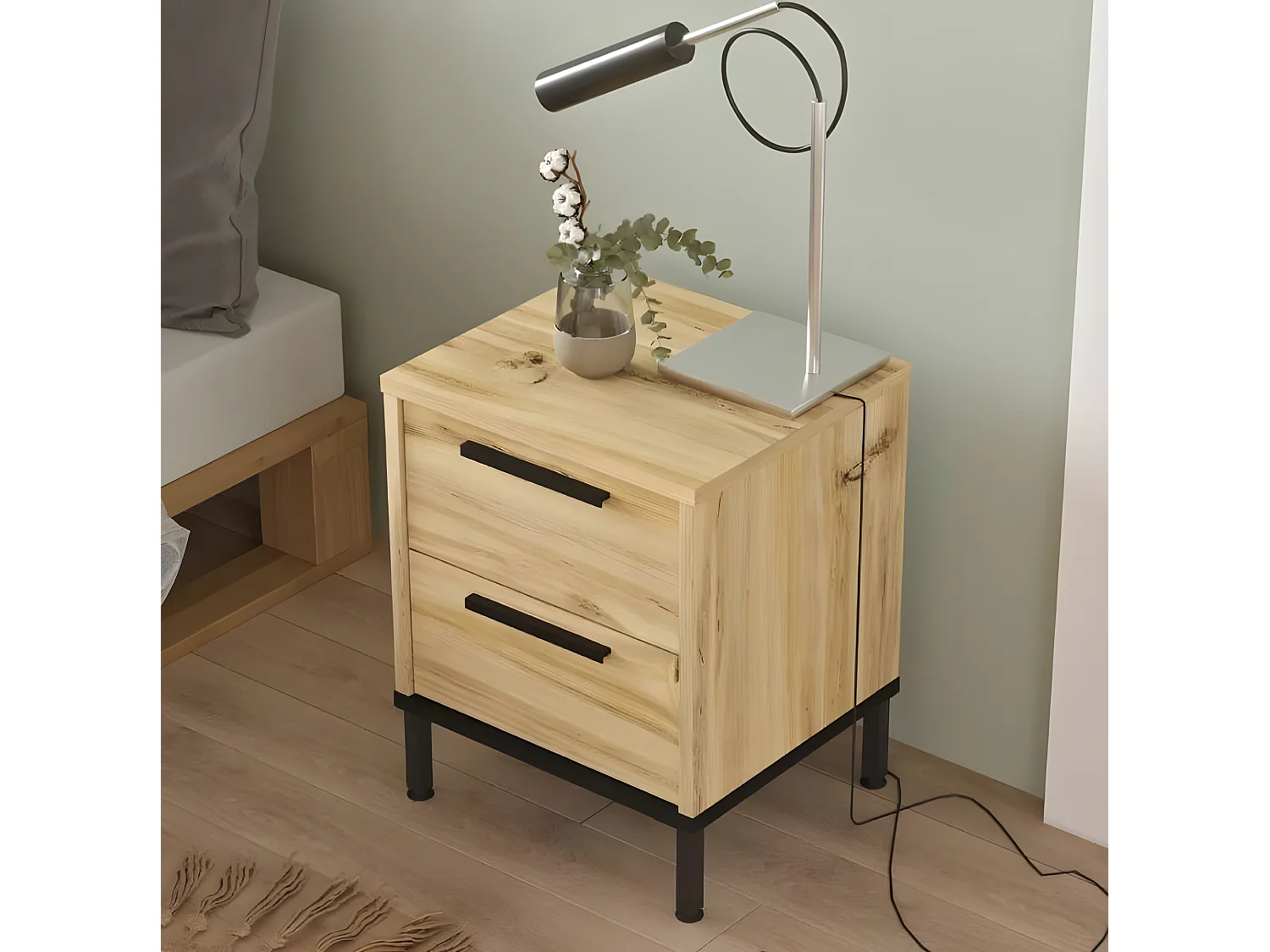 Table de Chevet avec 2 Tiroirs et Pieds en Métal - Venprodin - Feutre 35 cm - Noir