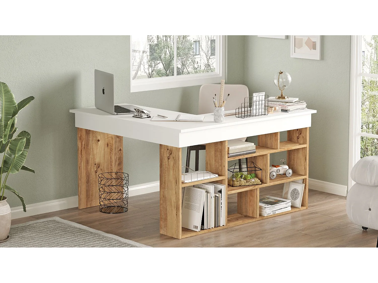 Bureau Moderne Etagères Tywin - Venprodin - Pin 115 Cm - Blanc