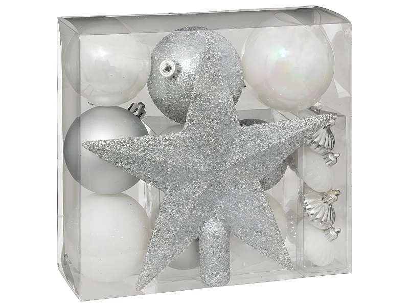 Déco de sapin de Noël Kit de 18 pièces Boules et Cimier - Argent et Blanc