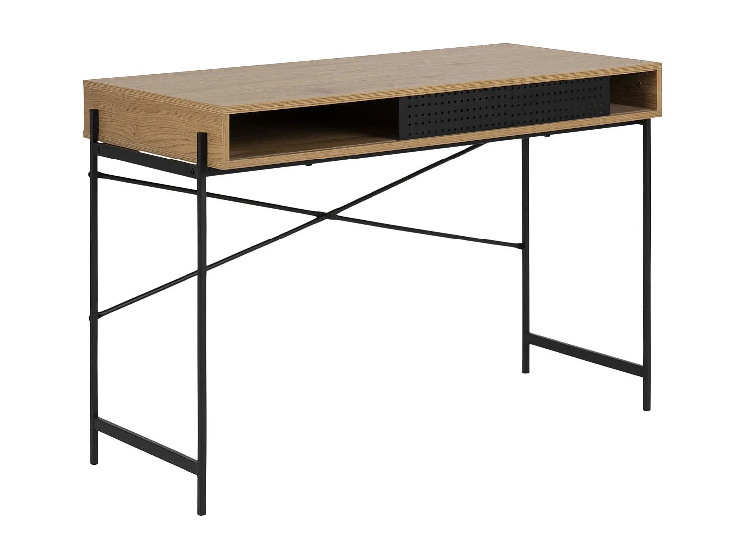 Industrieel bureau met plank en schuifdeuren MUSHU in natuurlijk hout en zwart