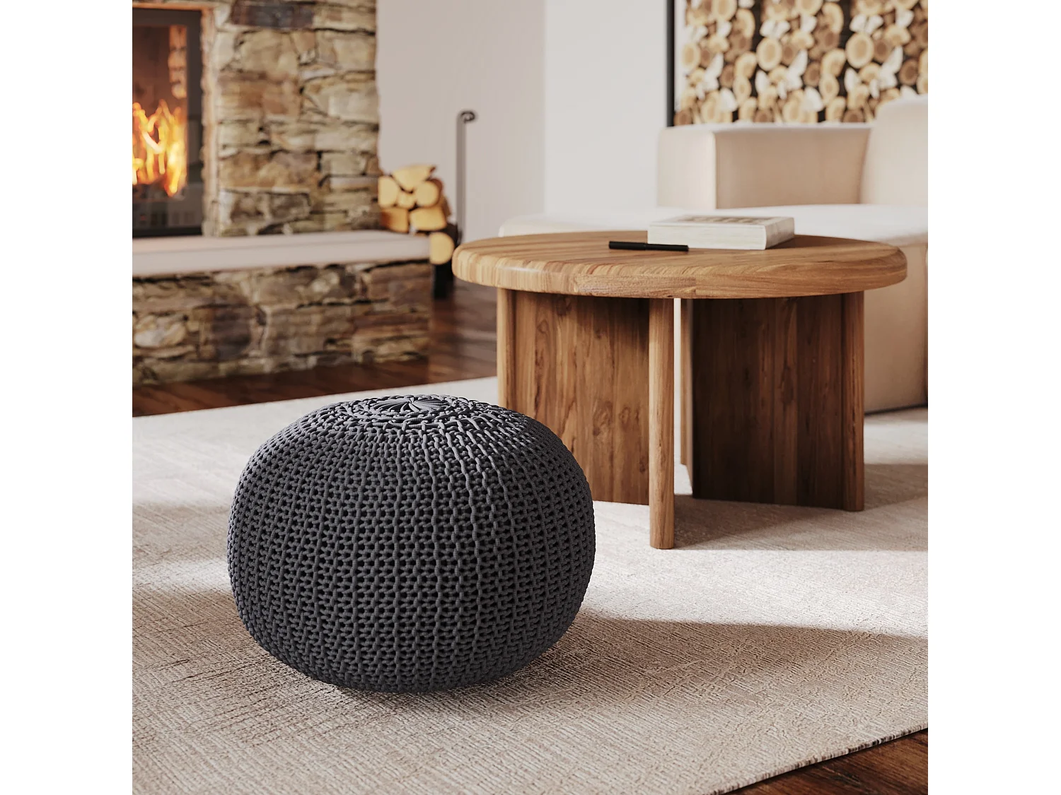 Pouf tricot rond en coton gris foncé  D40 cm - Elisa