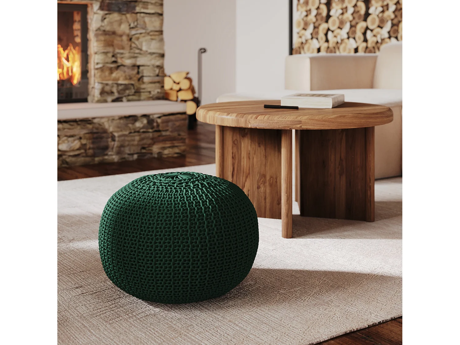 Pouf rotondo in maglia di cotone verde abete D40 cm - Elisa